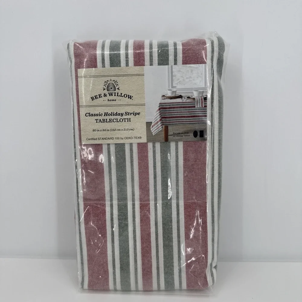 Bee & Willow Red & Green Christmas Stripe Cotton Rich Tablecloth‎ 60x84 Oblong